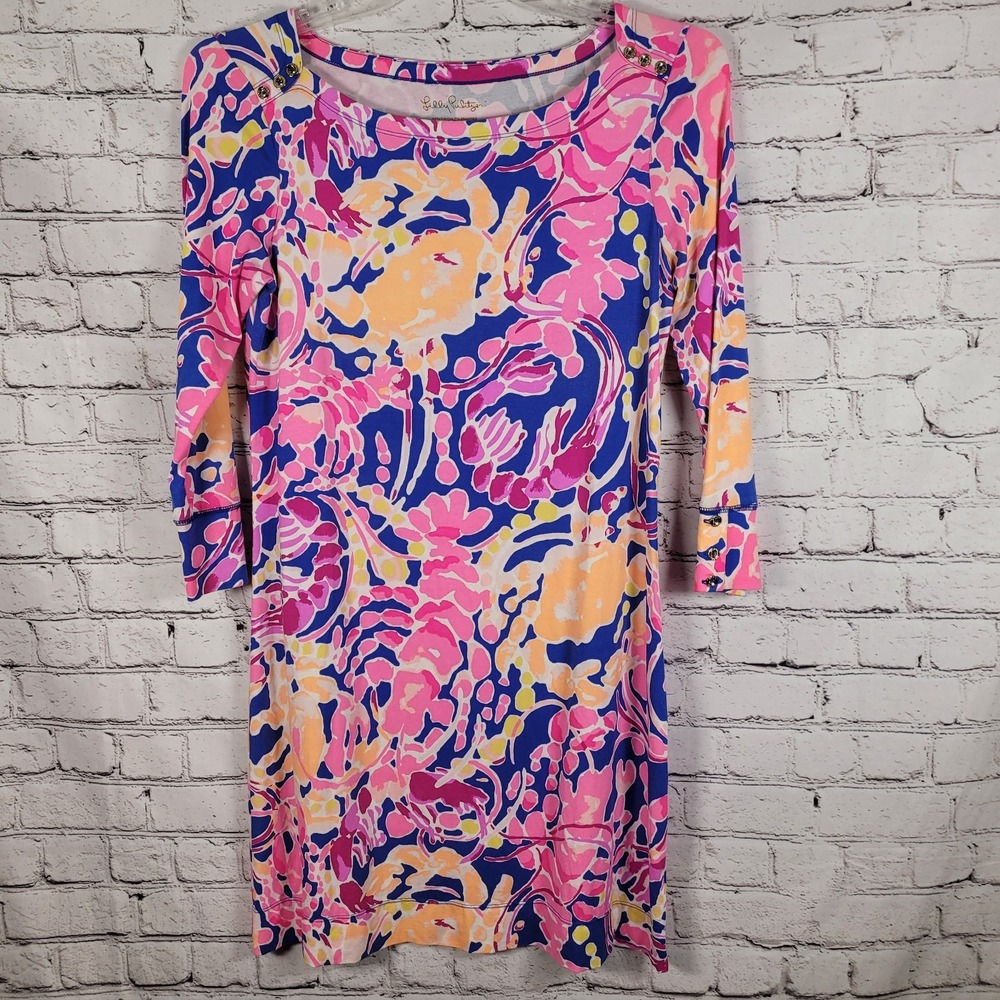 Lilly Pulitzer Shift Dress Womens M Pink Blue Excellent 3/4 Sleeve Button Detail